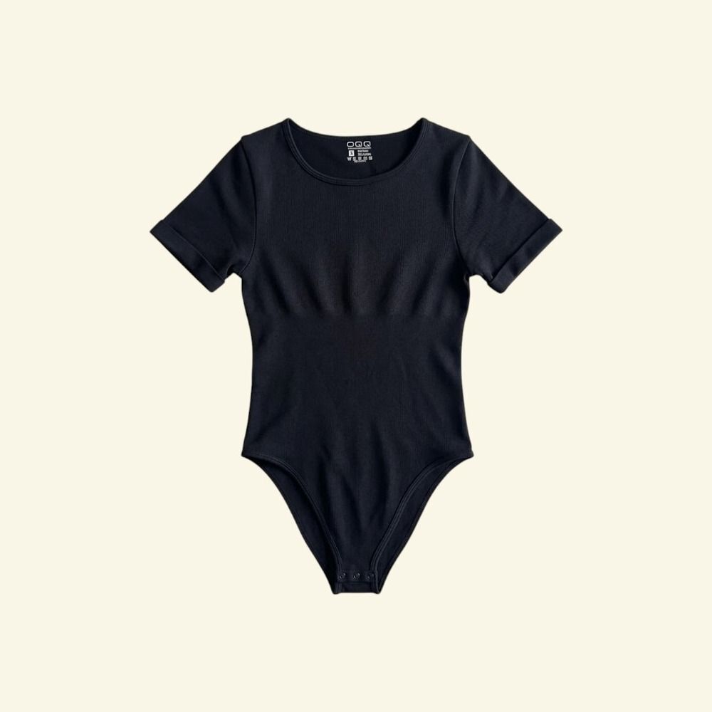 OQQ Womens Black Ribbed Short Sleeve Bodysuit Crew Neck Stretch SMALL